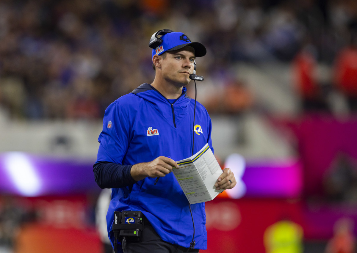 Feb 13, 2022; Inglewood, CA, USA; Los Angeles Rams offensive coordinator Kevin O'Connell against the Cincinnati Bengals during Super Bowl LVI at SoFi Stadium. Mandatory Credit: Mark J. Rebilas-USA TODAY Sports